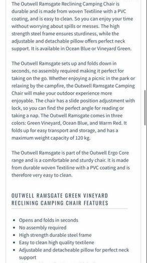 Outwell Ramsgate Green Vineyard Outdoor Reclining Camping Chair Zero Gravity Chair