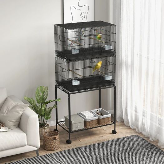 Two-Tier Bird Cage on Wheels, with Stand, for Small Birds