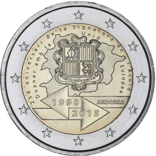 Andorra 2 Euro Commemorative Coin 2015 -  25th Anniversary of the Signature of the Customs Agreement with the European Union. Blister Card. BU