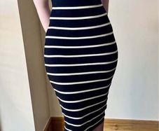 Black & Cream Striped Bodycon Midi Dress - Size S / UK8/10