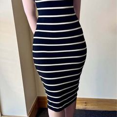Black & Cream Striped Bodycon Midi Dress - Size S / UK10/12