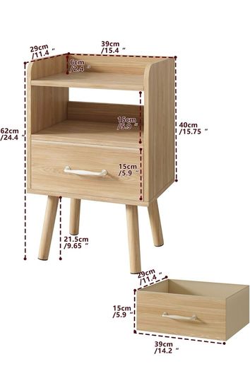 Bedside Table Set of 2, Nightstand, Side Table, Wooden Sofa End Table with Fabric Drawer, Open Shelf, Solid Wood Legs, 39x29x63 cm, for Bedroom, Living Room, Natural