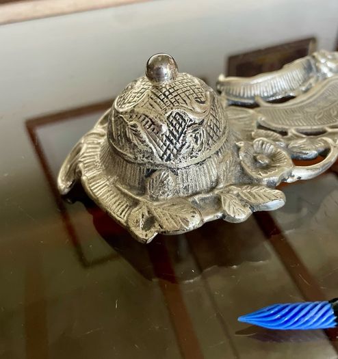 Vintage Art Nouveau Style Inkwell with Pen Tray Ink Pot Insert and Glass Dip Pen