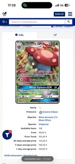 Pokemon Vileplume GX CEC211 Cosmic eclipse NM
