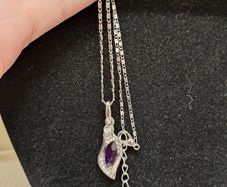 Silver Tone Necklace with Purple Crystal Pendant