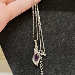 Silver Tone Necklace with Purple Crystal Pendant