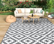 Outdoor Rug for Patios Waterproof, Anti-slip Plastic Straw Garden Mat Carpet UV Resistant Indoor Area Rugs for Camping, Deck, Beach, Picnic, Backyard (120x180cm, Grey & White)