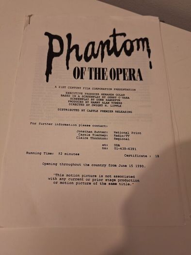 1989 Phantom Of The Opera Press Kit Starring Robert Englund
