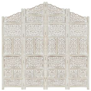Hand carved 4-Panel Room Divider White 160x165 cm Solid Mango Wood