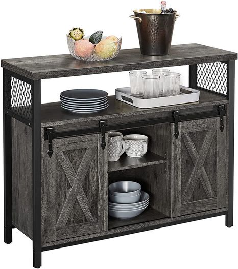 _Sideboard Kitchen Cabinet Storage Cabinet with 2 Sliding Doors Adjustable Shelf Industrial for Living Room Anthracite Grey Black