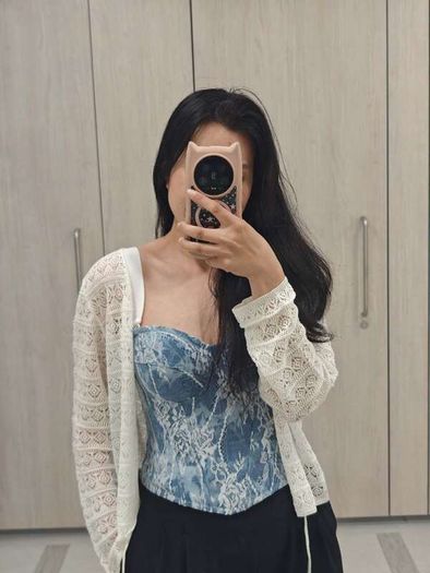 Denim and white lace print corset top