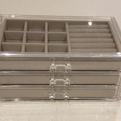 Jewellery Box with 3 Drawers - Grey Velvet Jewellery Organiser for Earring, Bangle, Bracelet, Necklace and Rings Storage