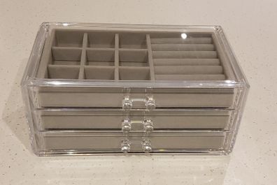 Jewellery Box with 3 Drawers - Grey Velvet Jewellery Organiser for Earring, Bangle, Bracelet, Necklace and Rings Storage