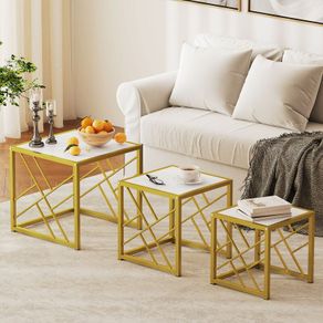 Nesting Coffee Tables, Set of 3 Square Side Tables with Black Metal Frame, for Living Room, Bedroom and Office, White