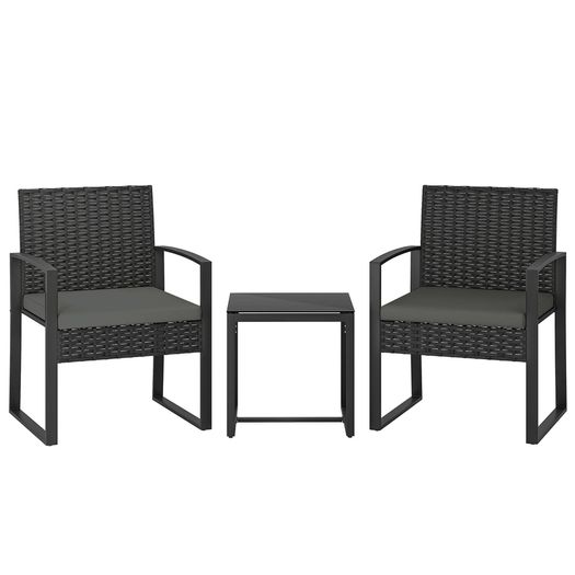 Rattan Bistro Set, 3-piece Garden Furniture Set with 2 Garden Chairs, Coffee Table, Removable Cushions Dark Gray