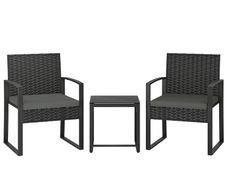 Rattan Bistro Set, 3-piece Garden Furniture Set with 2 Garden Chairs, Coffee Table, Removable Cushions Dark Gray