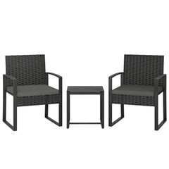 Rattan Bistro Set, 3-piece Garden Furniture Set with 2 Garden Chairs, Coffee Table, Removable Cushions Dark Gray