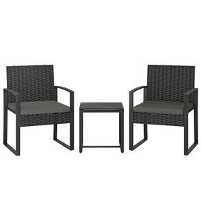 Rattan Bistro Set, 3-piece Garden Furniture Set with 2 Garden Chairs, Coffee Table, Removable Cushions Dark Gray