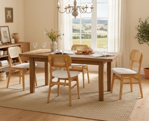 Set of 2 PU Leather Rattan Dining Room Chairs Upholstered Chairs with Solid Wood Legs