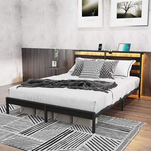 Double Metal Bed Frame with USB Charging Station, LED Lights & Storage Headboard Heavy Duty Black Platform Bed with 31.5 cm Underbed Storage, No Box Spring Needed, Noise Free (Black, Double)