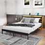 Double Metal Bed Frame with USB Charging Station, LED Lights & Storage Headboard Heavy Duty Black Platform Bed with 31.5 cm Underbed Storage, No Box Spring Needed, Noise Free (Black, Double) Image 7