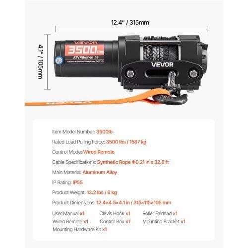 1587 kg Electric Winch, 12V DC ATV/UTV Winch with 5.5 mm x 10 m Synthetic Rope & Wired Remote Control, IP55 Waterproof, Aluminum Housing Fairlead Mount Plate for Towing ATV, Black