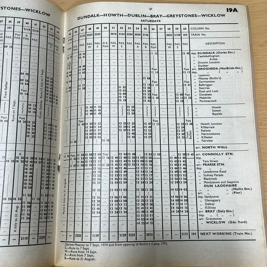 Railway Working Timetable Supplement CIE Dublin Suburban Svcs 1974 + 1977 +Notes