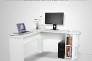 _Utility Wooden Office Computer Writing Desk Home Gaming PC Furnitur L-Shape Corner Study Computer Table With Book Shelf (white)