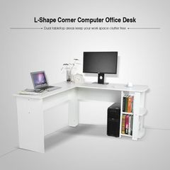 _Utility Wooden Office Computer Writing Desk Home Gaming PC Furnitur L-Shape Corner Study Computer Table With Book Shelf (white)
