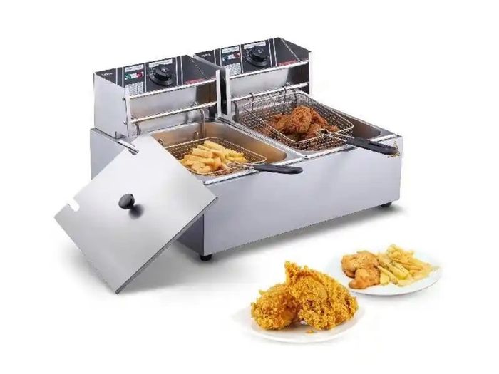 Stainless Steel Double Fryer double Zones Electric Thermostat 60 To 200C With Basket And Lid 12L 5kw 220v