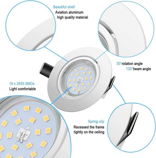 10x Recessed Ceiling Lights GU10, 5W 600LM Cool White 6000K, Round Metal Matte White Recessed Downlights 30 Swiveling with 5W Bulbs, Spotlights Ceiling Lights 220V-240V, (Hole Size:68mm-80mm)
