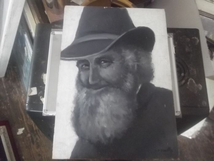 a oil painting on board of a old man by deirdre odonnell