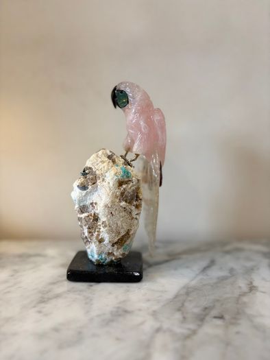 Hand-Carved Rose Quartz Parrot on Raw Amazonite & Crystal Matrix Base