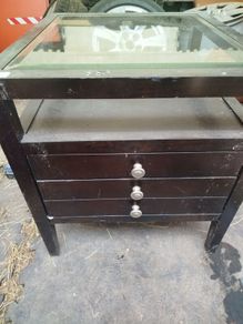 antique table with glass top drawers