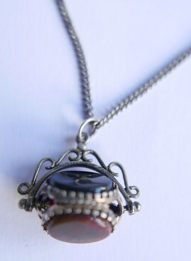 Victorian Sterling Silver 925 Triple Spinning Fob Pendant with  Chain (Onyx Agate Carnelian Spinning Fob) length 19" - 5g
