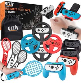 Sports Family Party Pack Accessories Bundle designed for Nintendo Switch and OLED Console Games with Tennis Badminton Rackets, Controller Grips, Wheels & Wrist Dance Bands - With Carry sack (FREE POSTAGE)