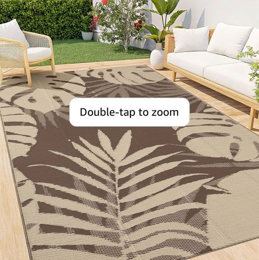 Waterproof Outdoor Rug, 240x300cm, Beige & Brown Anti-slip Reversible Plastic Straw Garden Rugs, Easy Cleaning Carpet for Camping, Patio, Beach, Picnic, Backyard