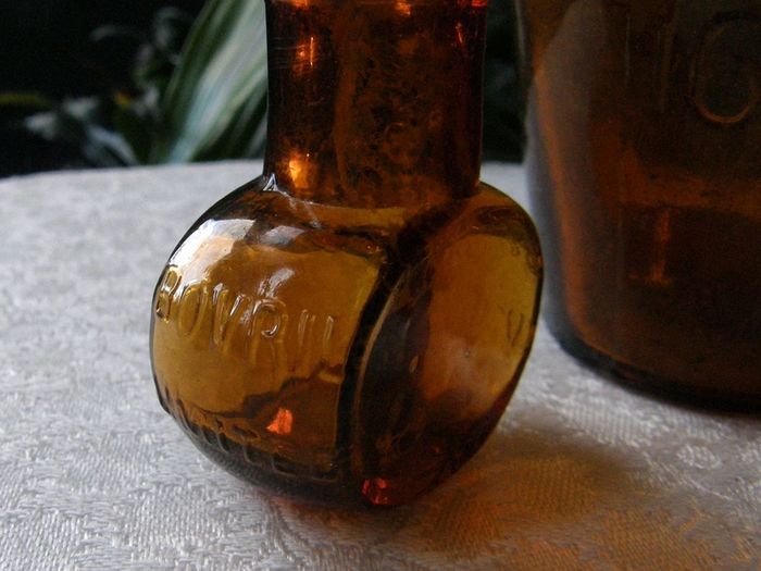 Set of 3 Antique Amber Glass Bottles - OXO 16oz & Bovril 2oz & 1/2oz. c.1900-1930. Excellent Antique Condition