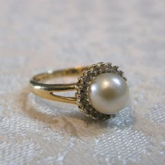 PRICE DROP 14K Gold Cultured Pearl and Diamond Cluster Ring, Size N, Vintage Style, 2.5g