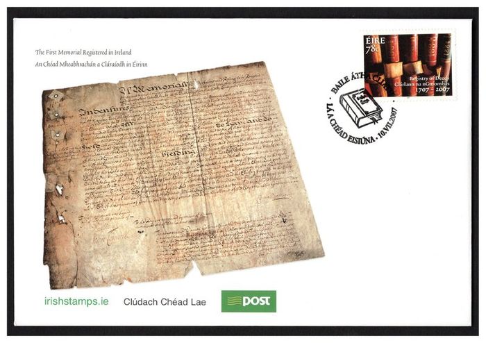 2007 Ireland 300th Anniversary of The Registry of Deeds Act Commemorative Stamp An Post First Day Cover (FDC)