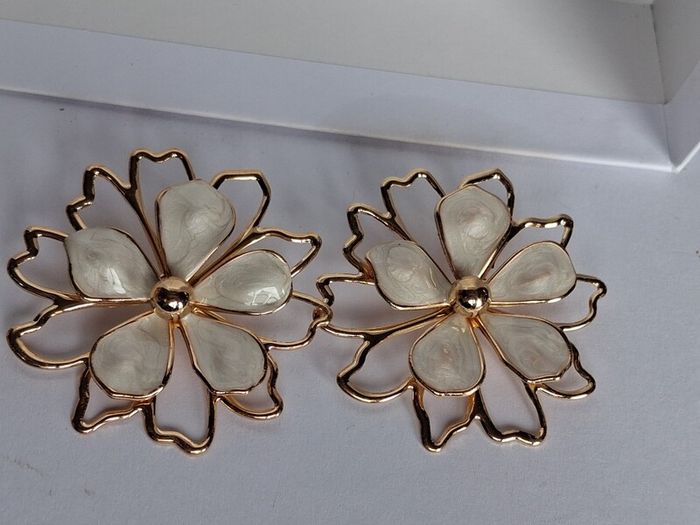 Gold & Cream Sakura Blossom Floral Statement Earrings