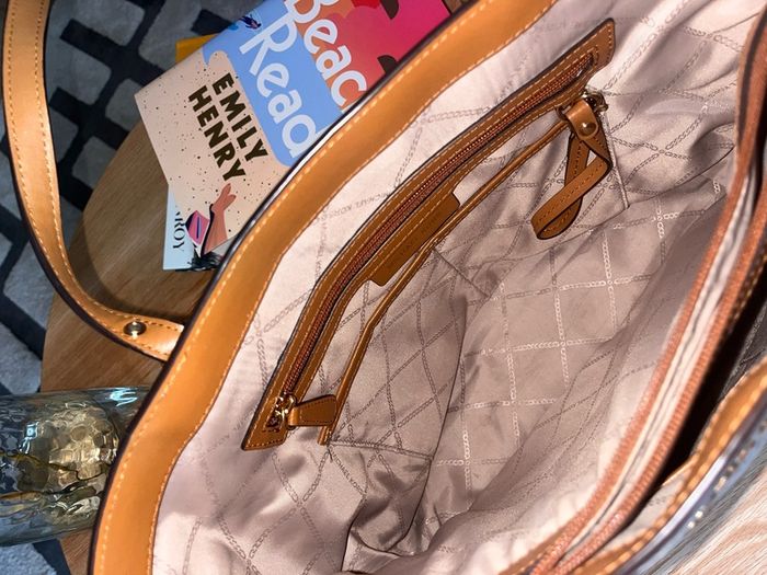 Michael Kors Tote Bag - Like New - Vanilla MK Logo & Tan Leather - Large