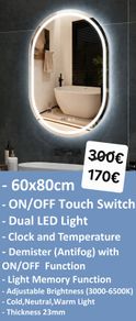LED Bathroom Mirror Oval Demister Antifog Illuminated Dual LED Time Clock Vanity Makeup