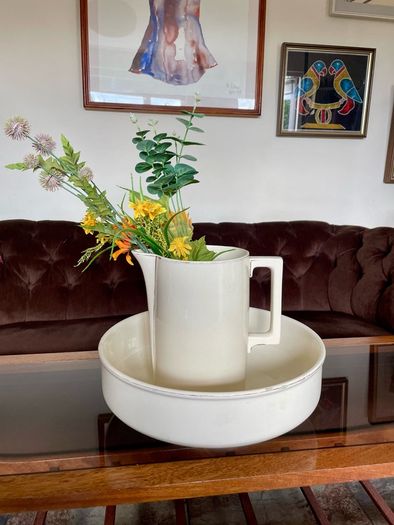 Large Sarreguemines France Ivory Washbasin and Jug Art Deco 1920s to 50s