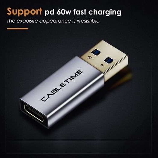Cabletime Aluminum Alloy USB 3.1 Gen 2 (10 Gbps) Type-C (Female) to Type-A (Male) 60W Premium Adapter Convertor (Brand New/Warranty)