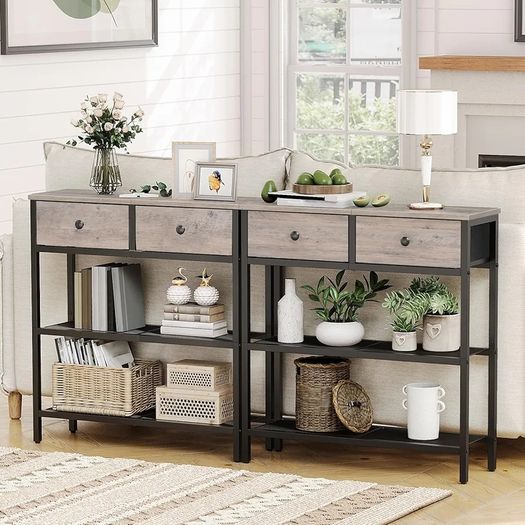 Console Table, Slim Console Table with 2 Drawers, Hallway Table with Storage, Side Table, Slim Sofa Table for Small Spaces, Living Room, Entryway, Kitchen, Greige and Black