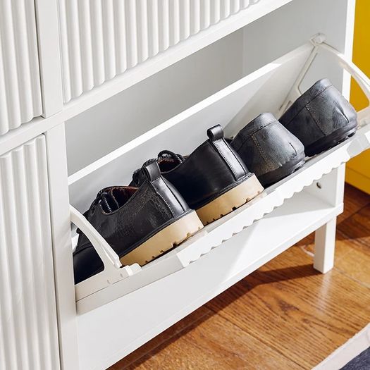 Slim Shoe Cabinet with 4 Doors Black or White 100 x 91 x 19 cm