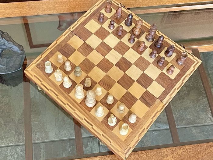 Vintage Marquetry Inlaid Folding Wooden Chess Board Chess Pieces Dice and Counters