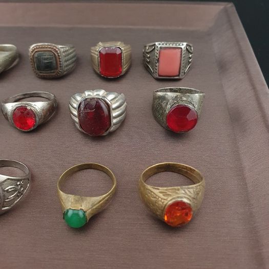 Antique Brass Ring Collection 15 Mixed Handmade Stone & Glass Rings