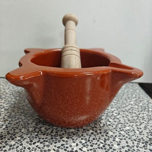 Vintage Vilmor French Glazed Terracotta Mortar & Wooden Pestle Set
